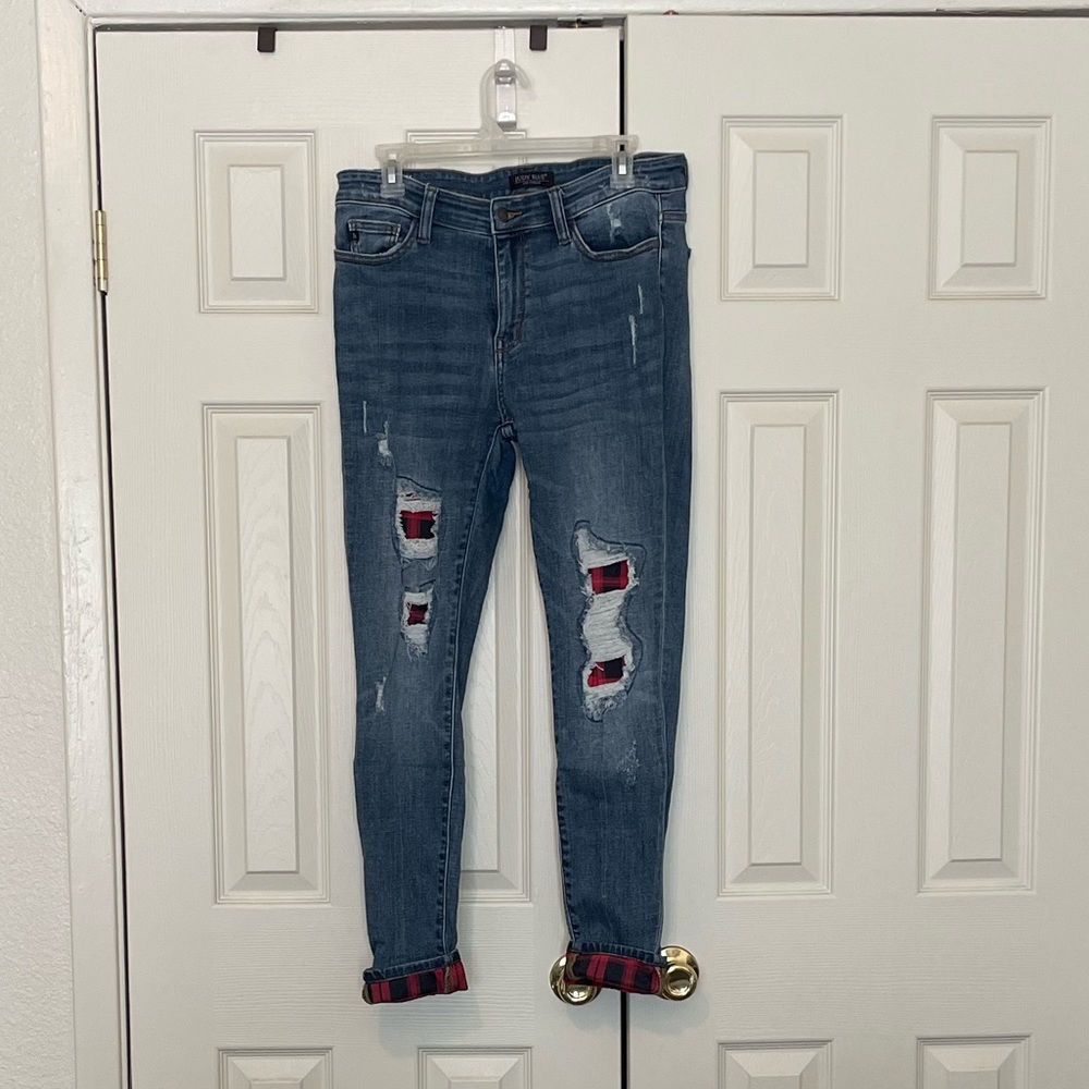 Just Blue Plaid Patch Skinny Jeans